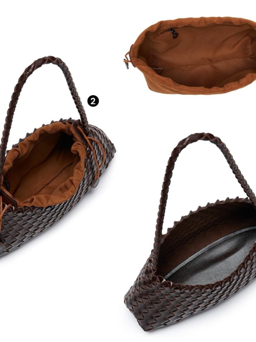 Woven Bag for Women, Vegan Leather Shoulder Purse with Inner Drawstring Pouch, T - Picture 5 of 5